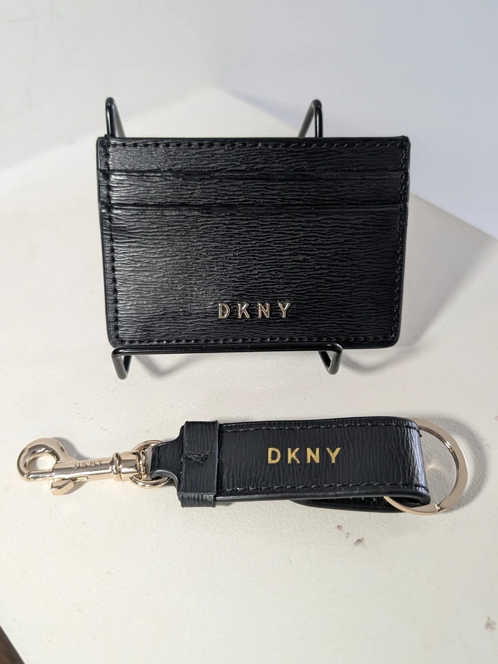 DKNY Black Leather Card Holder and Key Fob with Gold Hardware